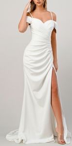 Off white plus size long off the shoulder crepe wedding dress, bridal gown